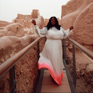 FTF GabiFresh white dress dipped in pink with white satin slip dress 4X